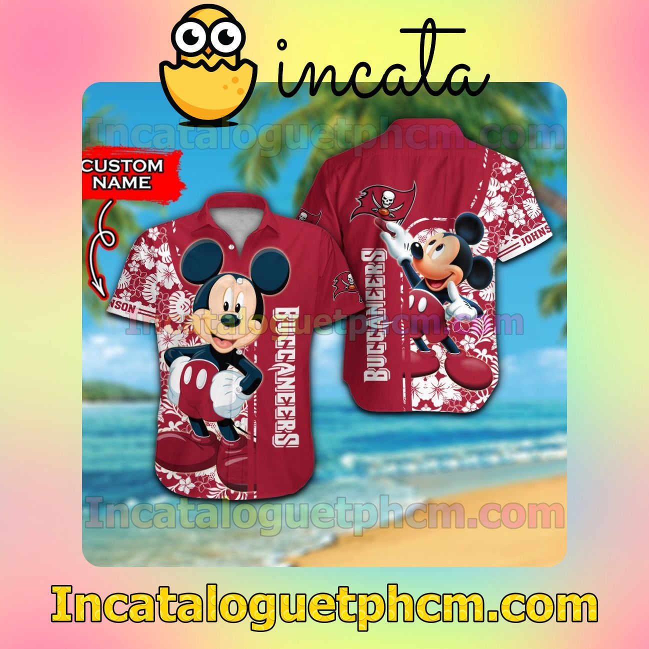 Personalized Tampa Bay Buccaneers & Mickey Mouse Beach Vacation Shirt, Swim Shorts