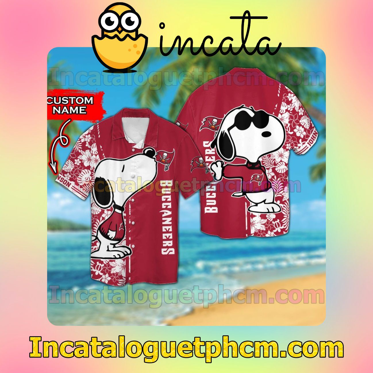 Personalized Tampa Bay Buccaneers & Snoopy Beach Vacation Shirt, Swim Shorts