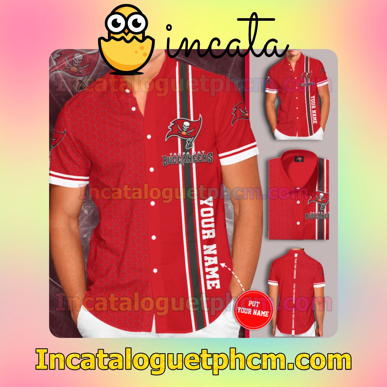 Personalized Tampa Bay Buccaneers Tiling Red Button Shirt And Swim Trunk