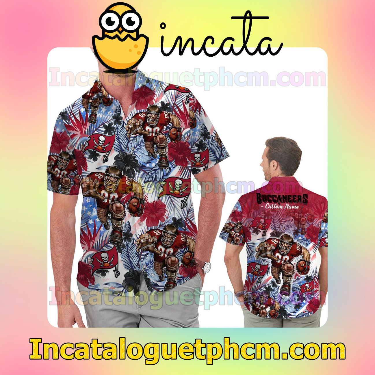 Personalized Tampa Bay Buccaneers Tropical Floral America Flag Aloha Beach Vacation Shirt, Swim Shorts