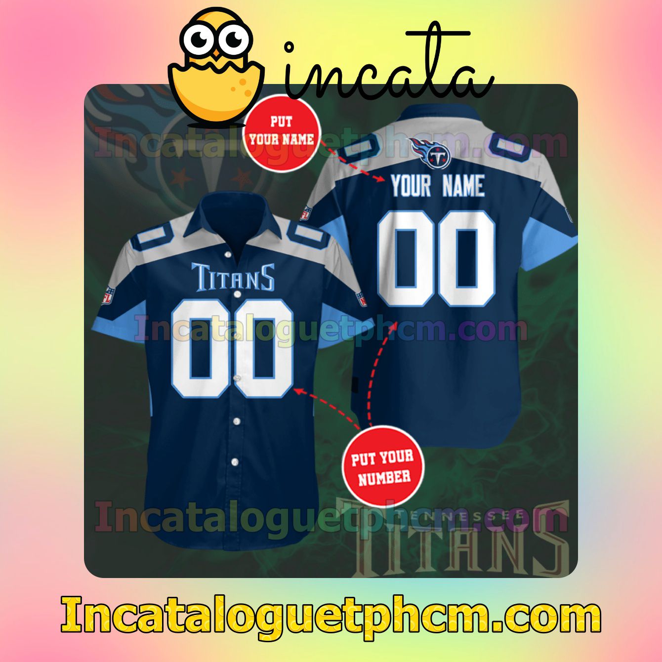 Personalized Tennessee Titans Football Blue Button Shirt And Swim Trunk
