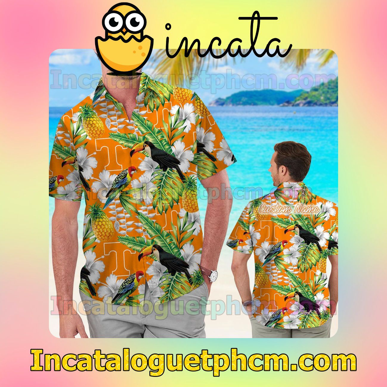 Personalized Tennessee Volunteers Parrot Floral Tropical Beach Vacation Shirt, Swim Shorts