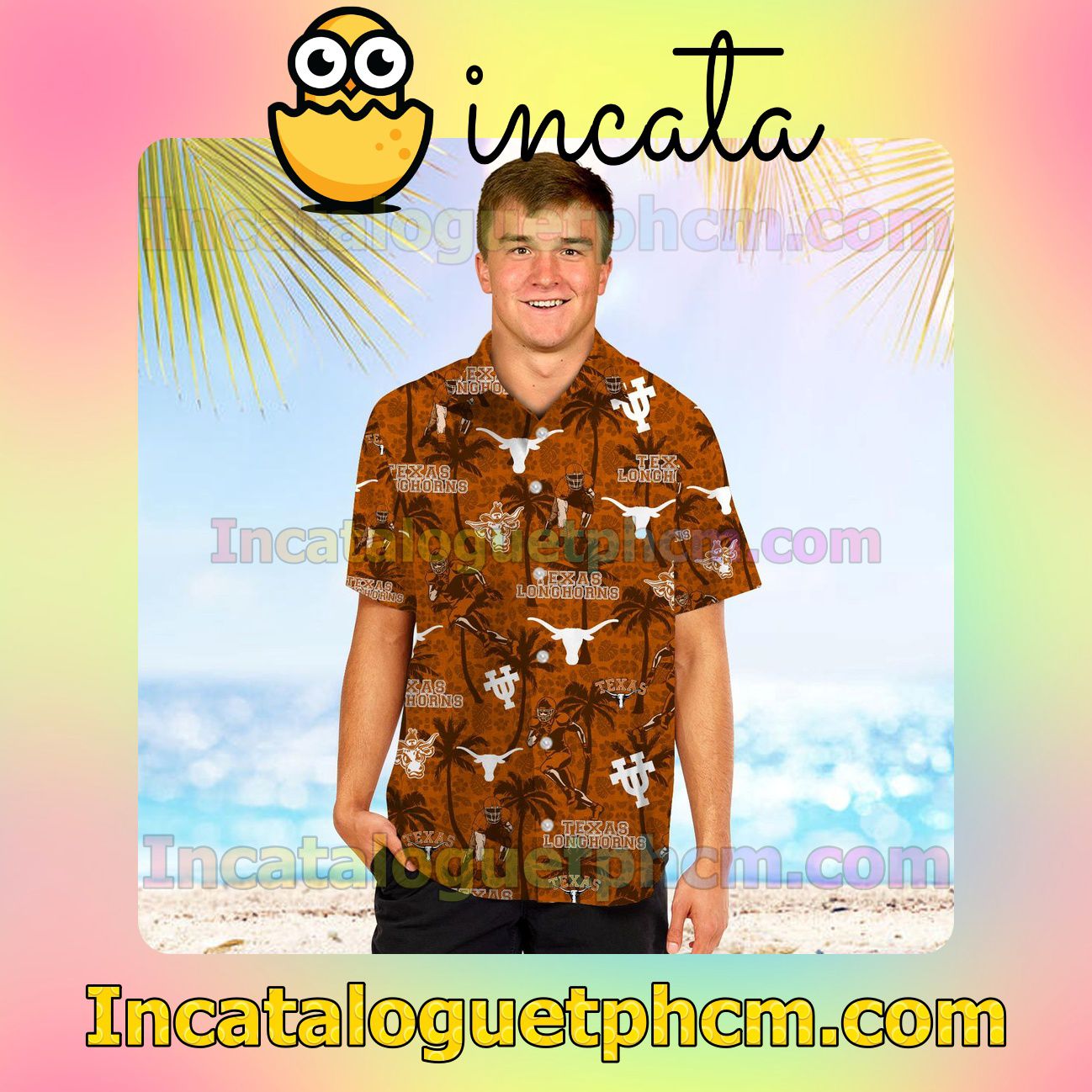 Personalized Texas Longhorns Coconut Beach Vacation Shirt, Swim Shorts