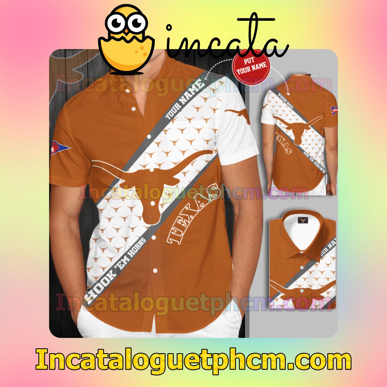 Personalized Texas Longhorns Football Brown Button Shirt And Swim Trunk