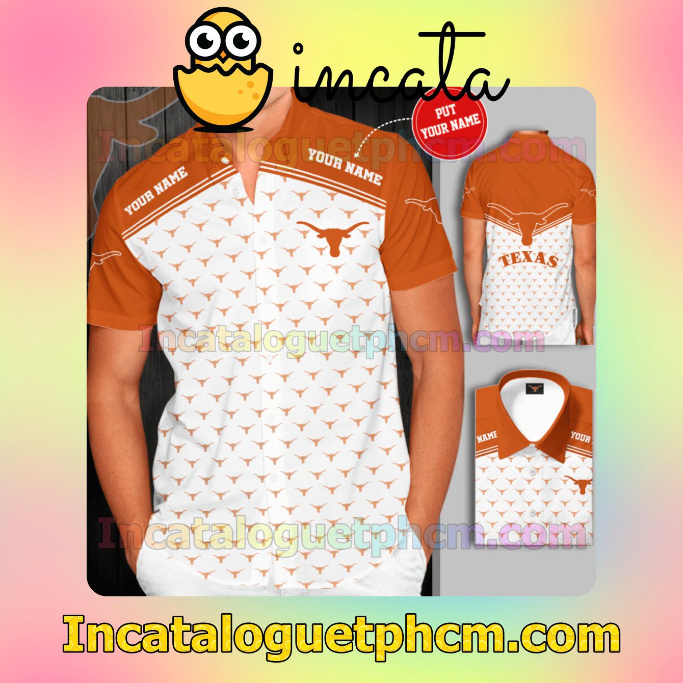 Personalized Texas Longhorns Logo White Orange Button Shirt And Swim Trunk