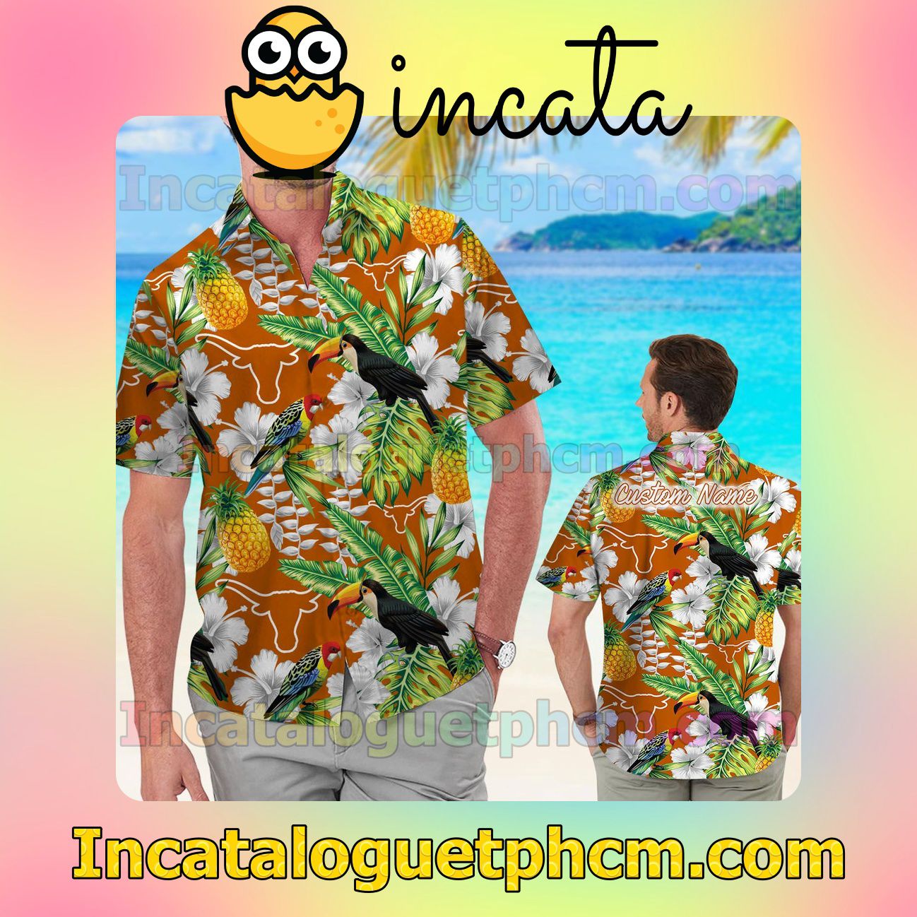 Personalized Texas Longhorns Parrot Floral Tropical Beach Vacation Shirt, Swim Shorts