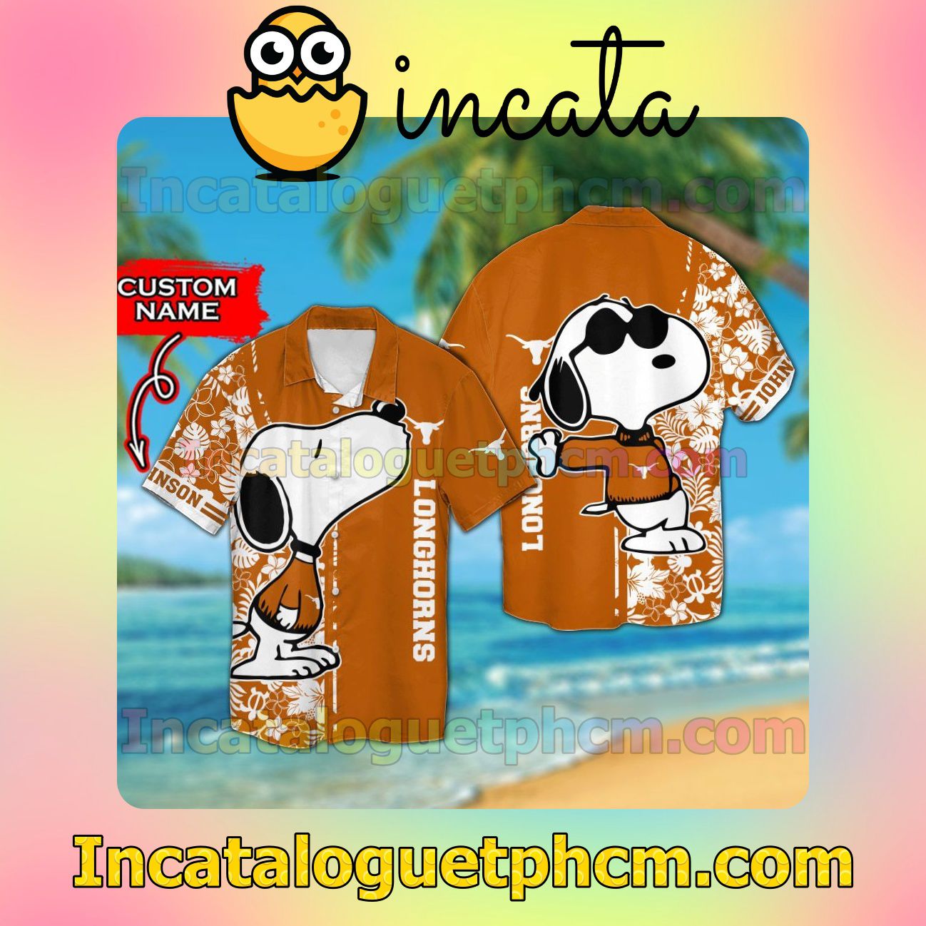 Personalized Texas Longhorns & Snoopy Beach Vacation Shirt, Swim Shorts