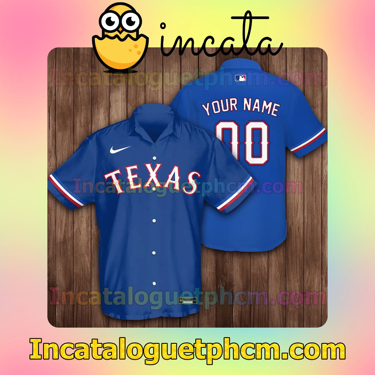 Personalized Texas Rangers Baseball Blue Button Shirt And Swim Trunk