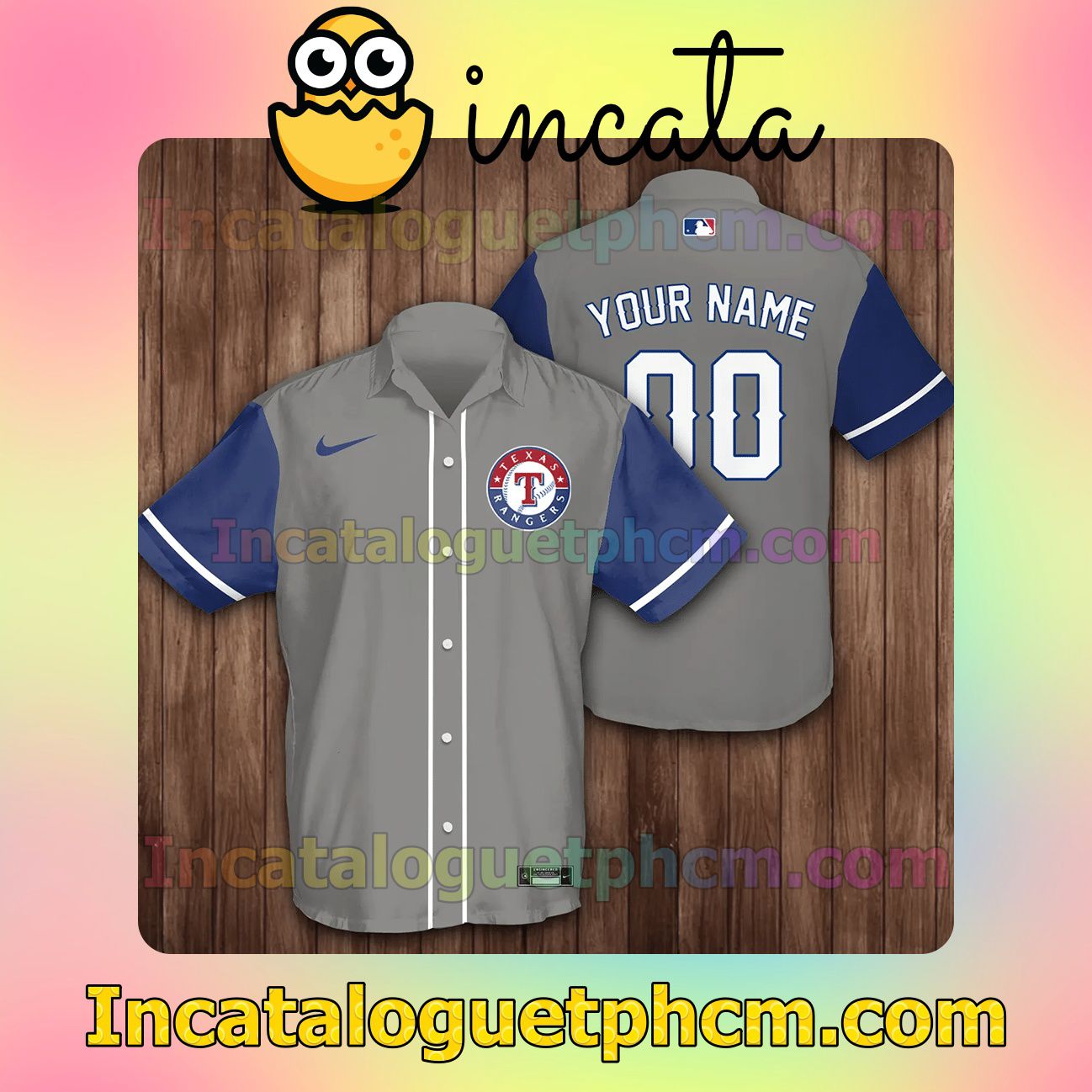 Personalized Texas Rangers Baseball Grey Blue Button Shirt And Swim Trunk