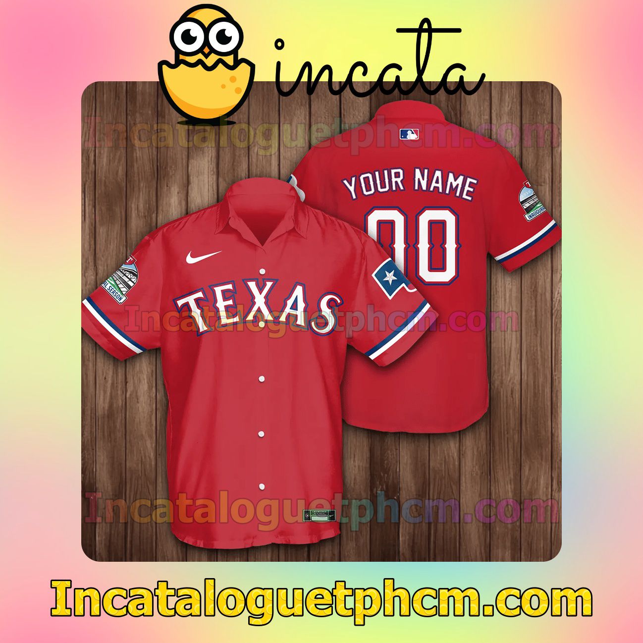 Personalized Texas Rangers Baseball Red Button Shirt And Swim Trunk
