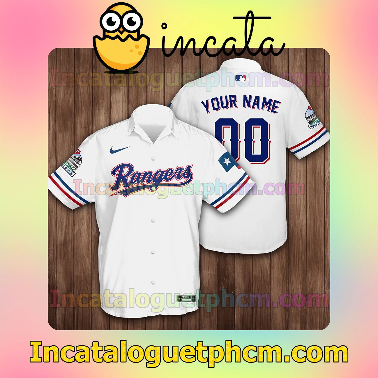 Personalized Texas Rangers Baseball White Button Shirt And Swim Trunk