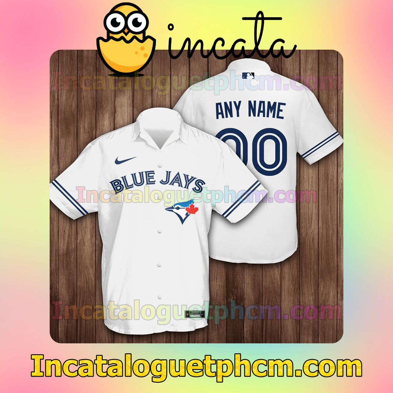Personalized Toronto Blue Jays Baseball White Button Shirt And Swim Trunk