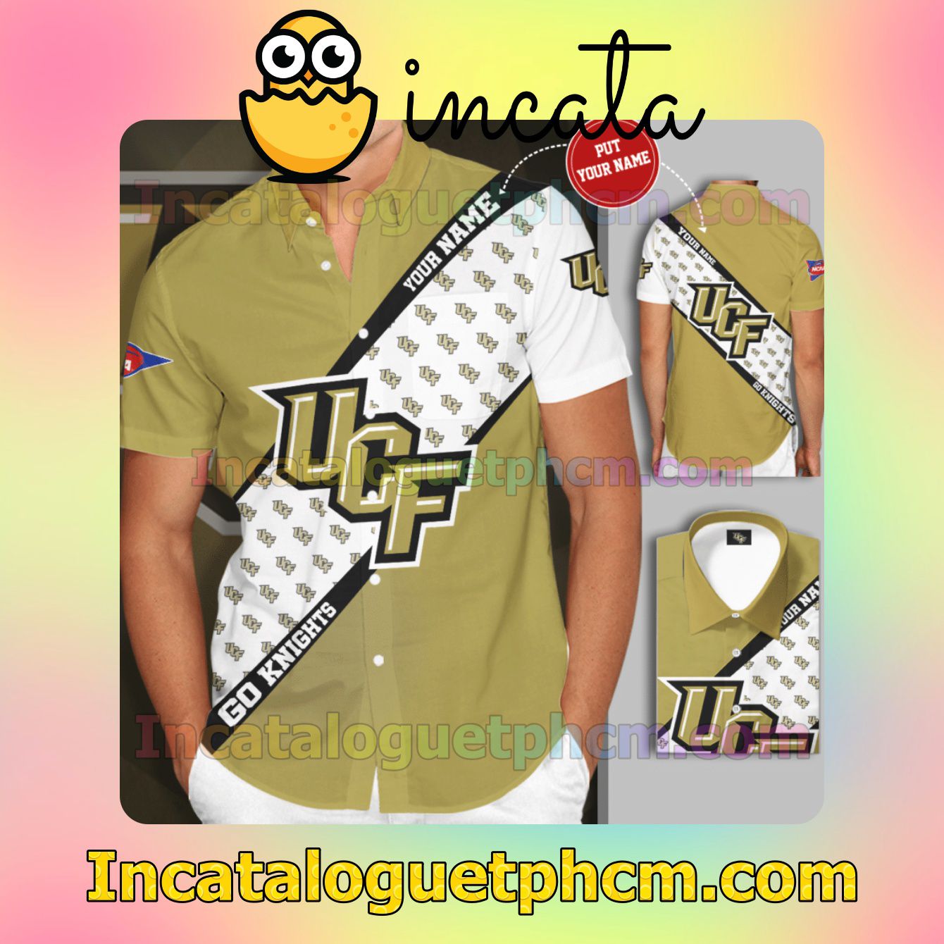 Personalized UCF Knights Men's Basketball Team Yellow Button Shirt And Swim Trunk