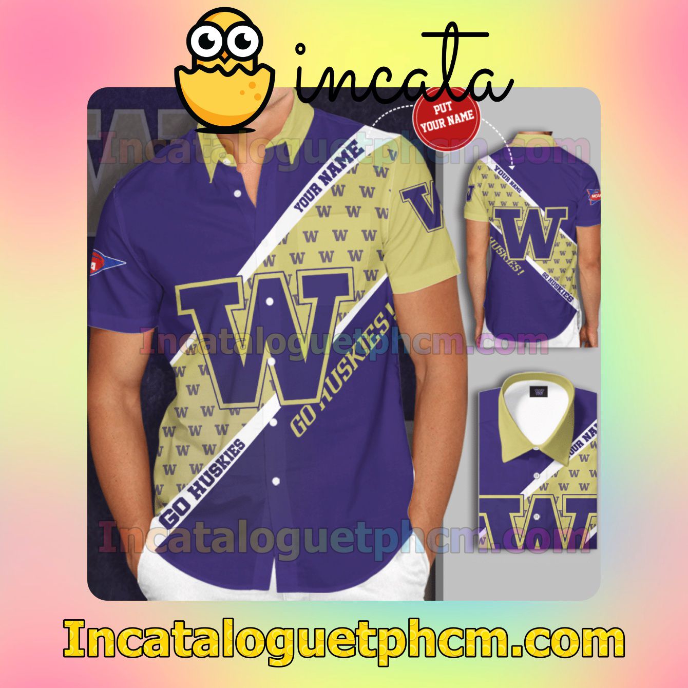 Personalized Washington Huskies Logo Go Huskies Purple Yellow Button Shirt And Swim Trunk