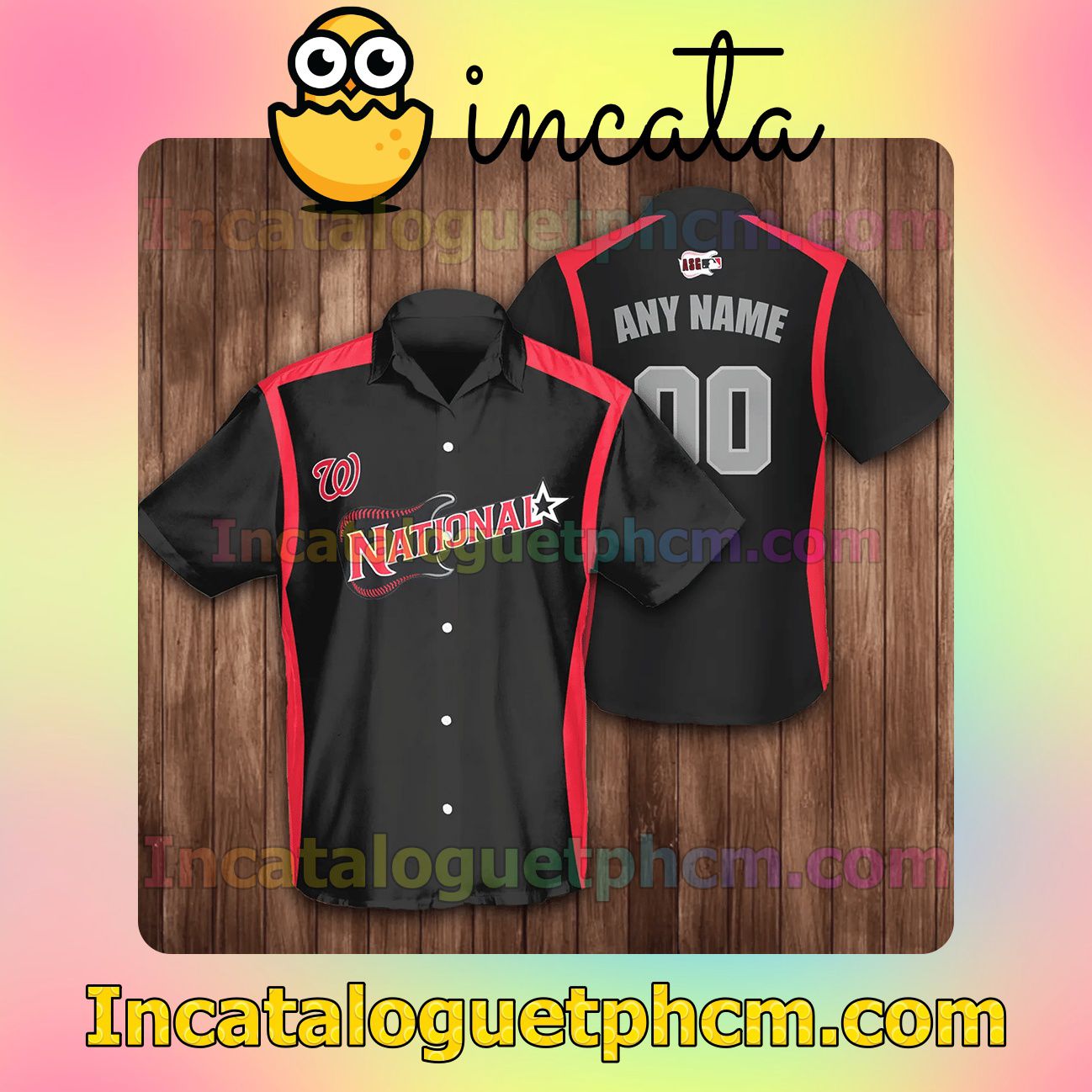 Personalized Washington Nationals Baseball Black Button Shirt And Swim Trunk