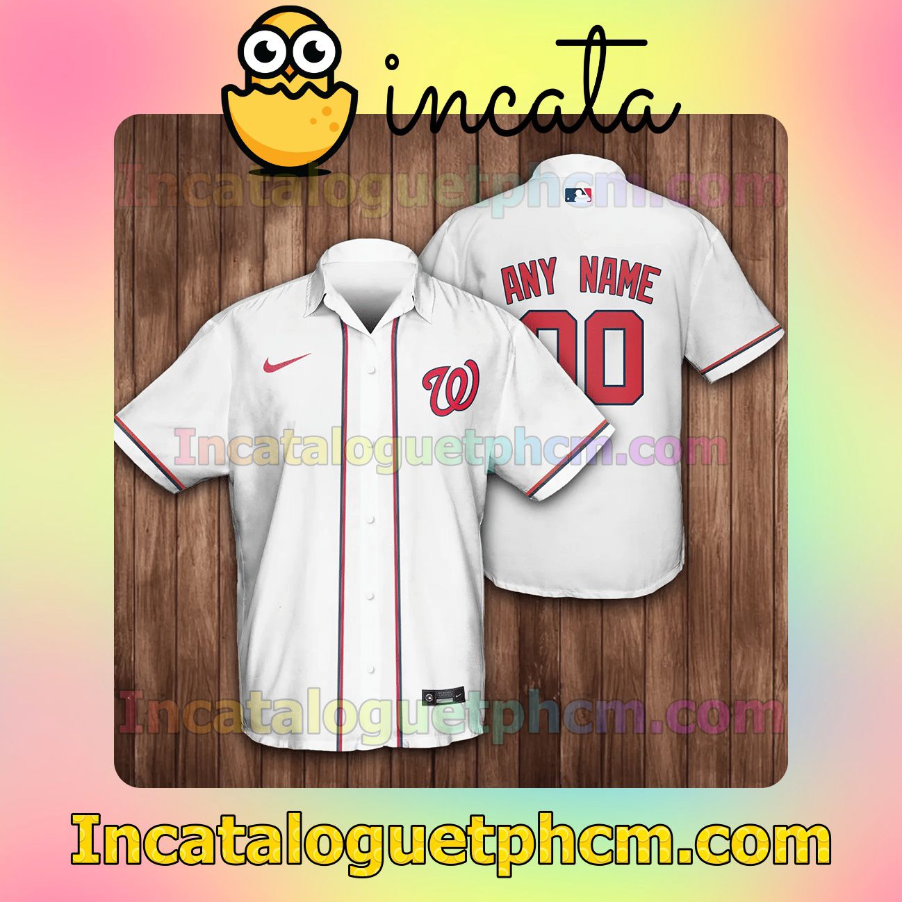Personalized Washington Nationals Baseball White Button Shirt And Swim Trunk