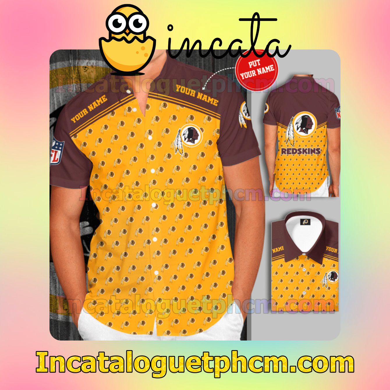 Personalized Washington Redskins Logo Yellow Brown Button Shirt And Swim Trunk