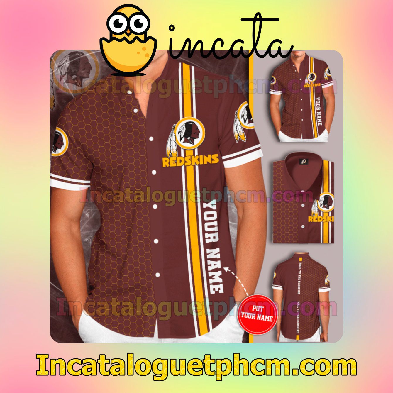 Personalized Washington Redskins Tiling Brown Button Shirt And Swim Trunk