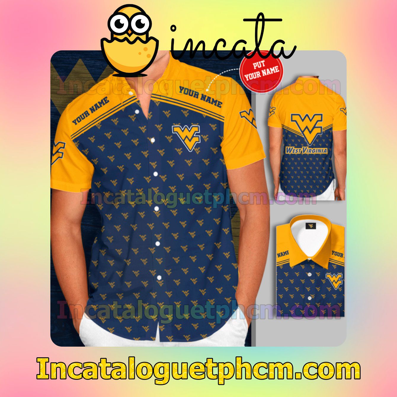 Personalized West Virginia Mountaineers Logo Navy Yellow Button Shirt And Swim Trunk
