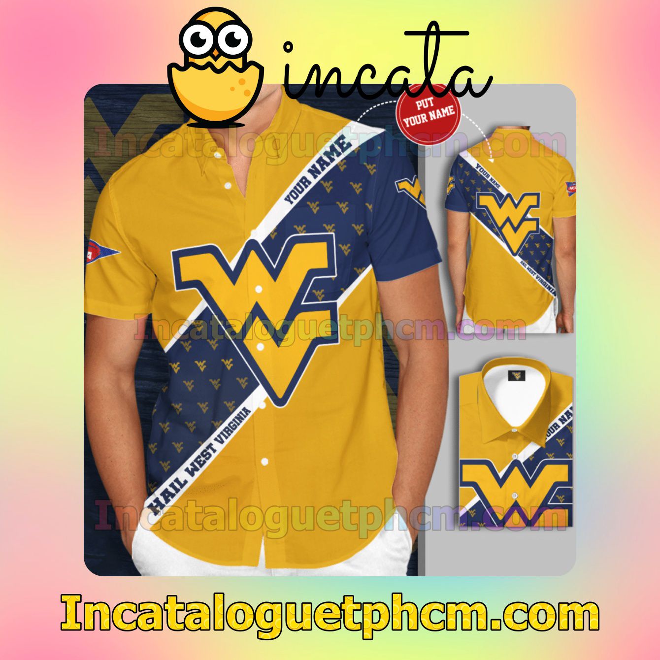 Personalized West Virginia Mountaineers Men'S Basketball Team Yellow Button Shirt And Swim Trunk