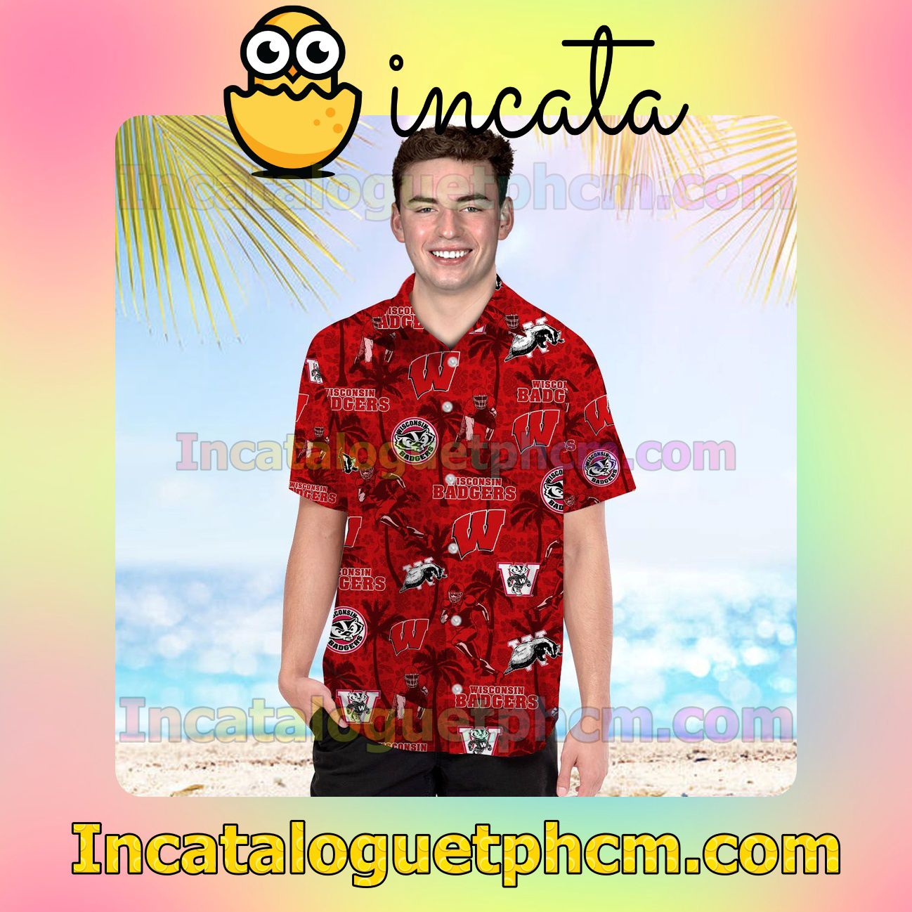 Personalized Wisconsin Badgers Coconut Beach Vacation Shirt, Swim Shorts