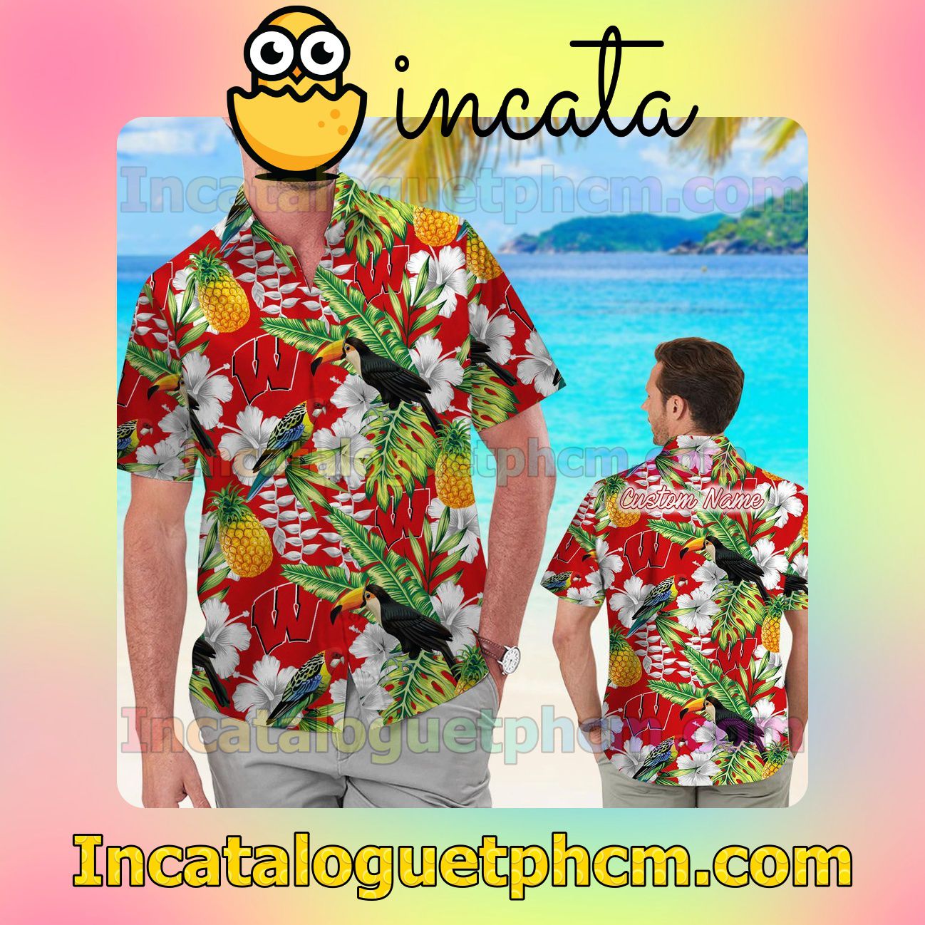 Personalized Wisconsin Badgers Parrot Floral Tropical Beach Vacation Shirt, Swim Shorts