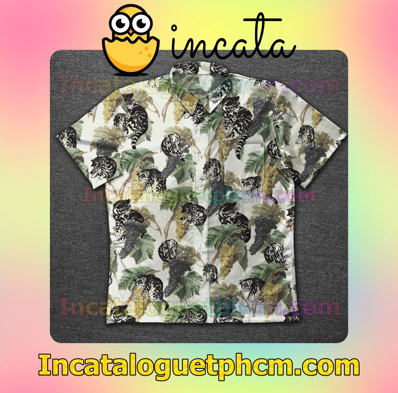 Pet Cat With Bunch Of Grapes Mens Short Sleeve Shirt