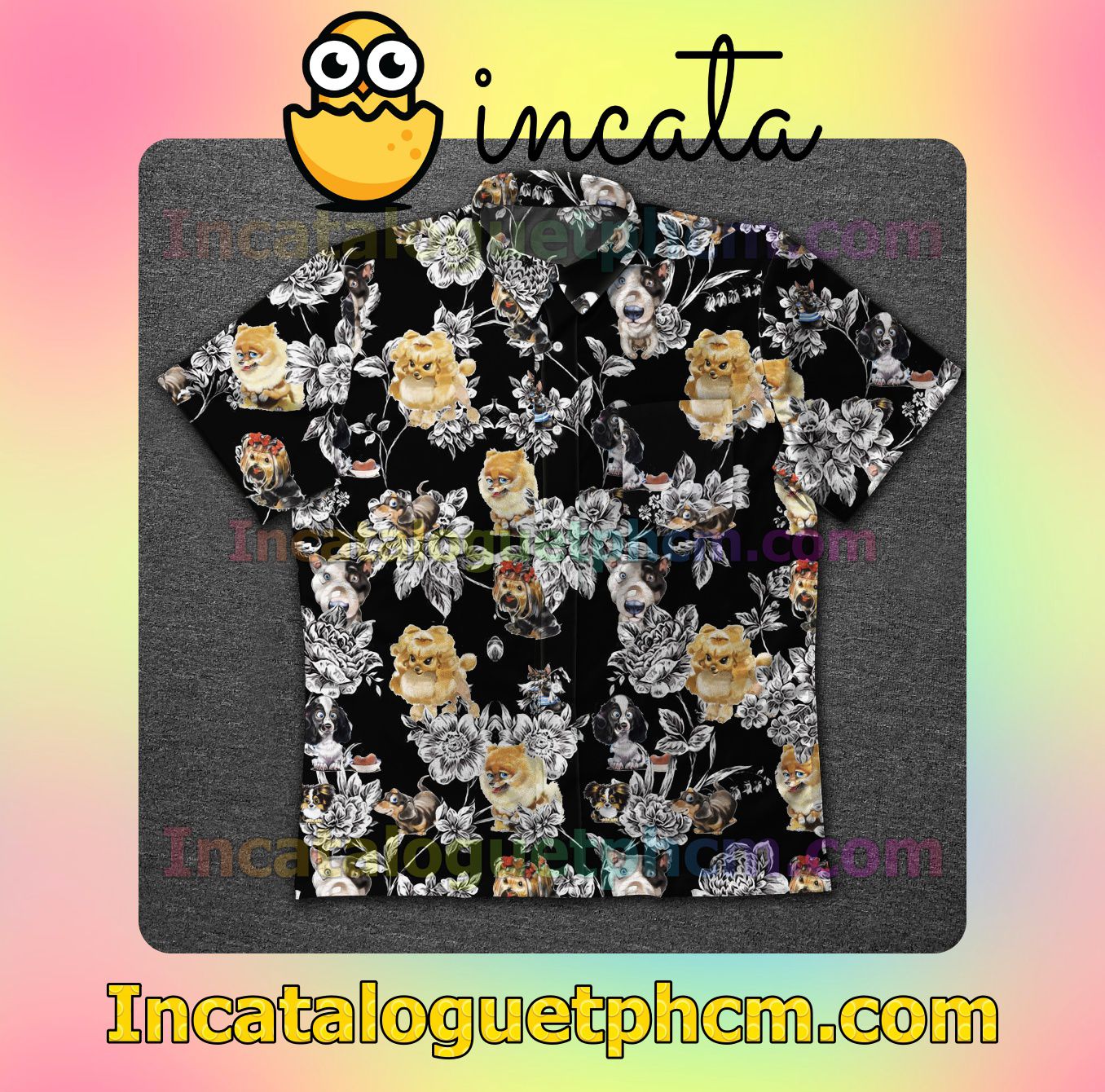 Pet Dog Flower Black Mens Short Sleeve Shirt