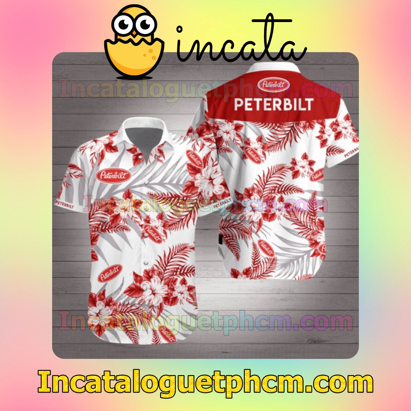 Peterbilt Red Tropical Floral White Mens Short Sleeve Shirt