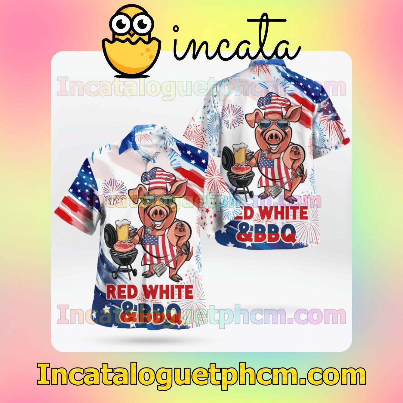 Pig Chief Red White And Bbq Independence Mens Short Sleeve Shirts