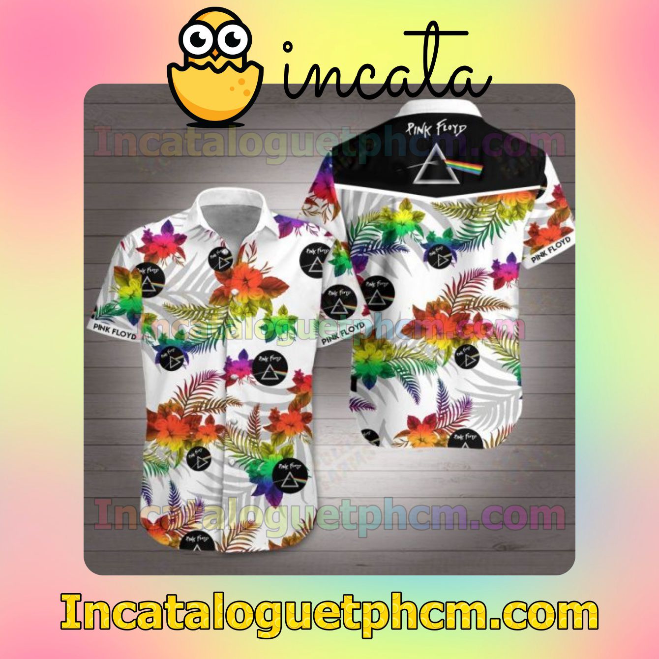 Pink Floyd Rainbow Tropical Floral White Mens Short Sleeve Shirt