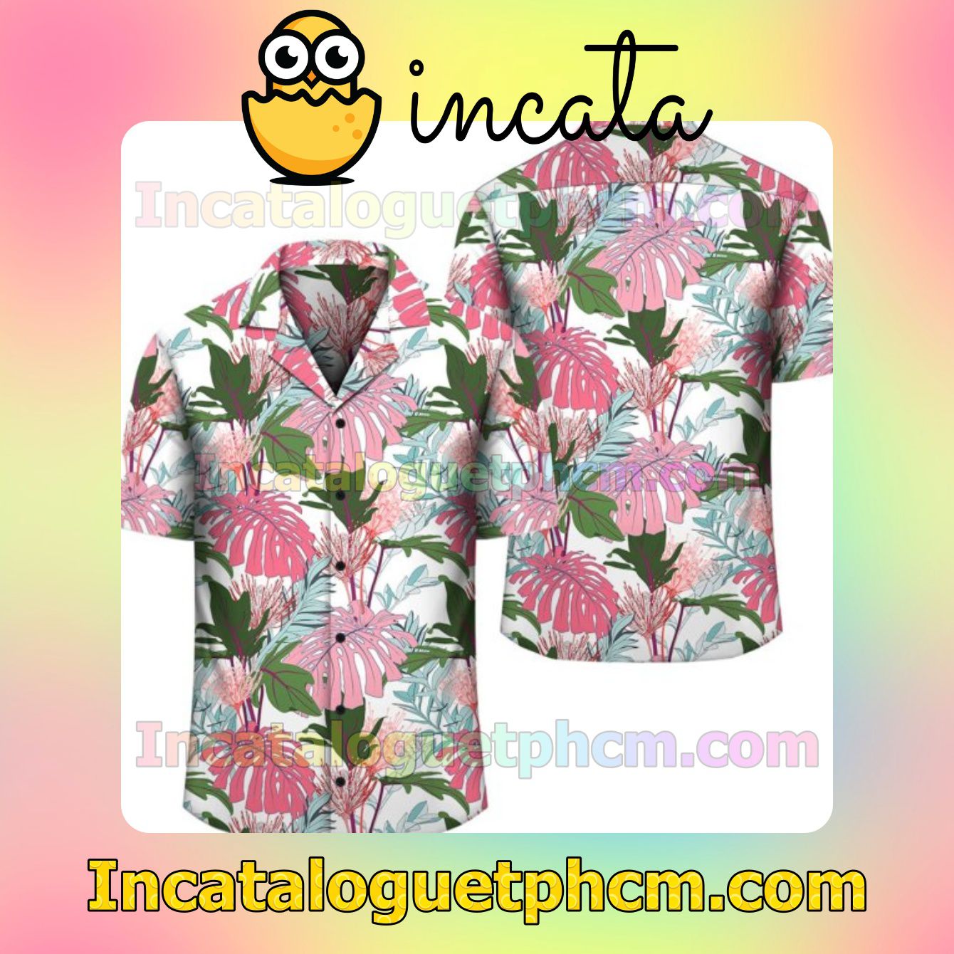 Pink Monstera And Green Tropical Leaves White Mens Short Sleeve Shirt