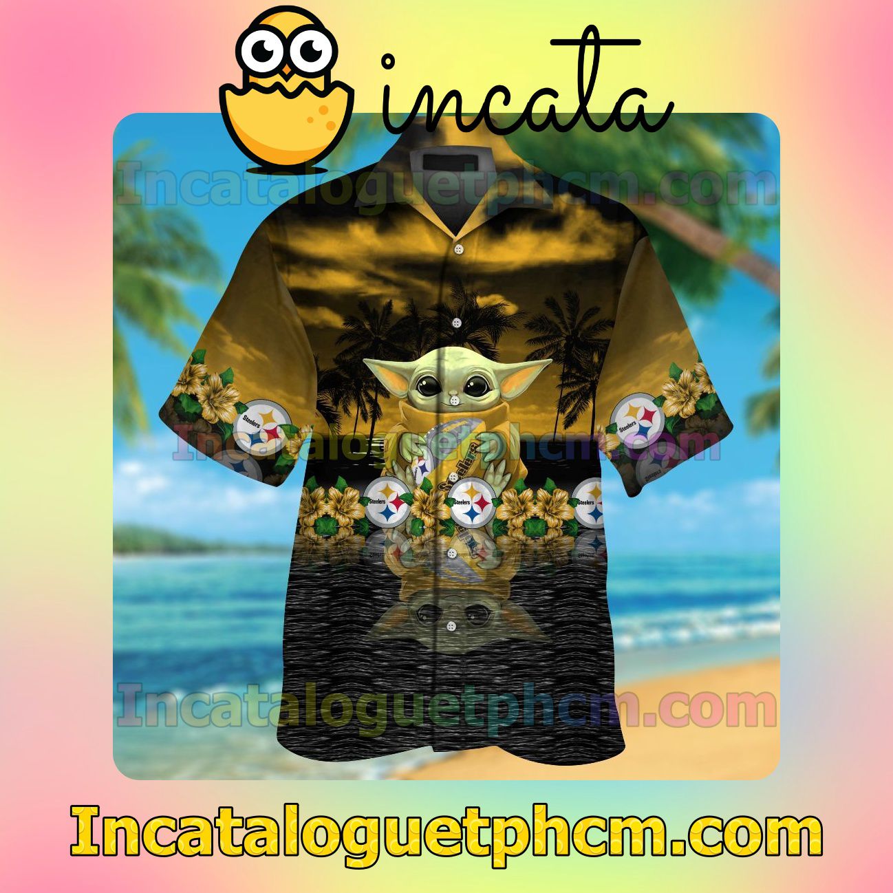 Pittsburgh Steelers & Baby Yoda Beach Vacation Shirt, Swim Shorts