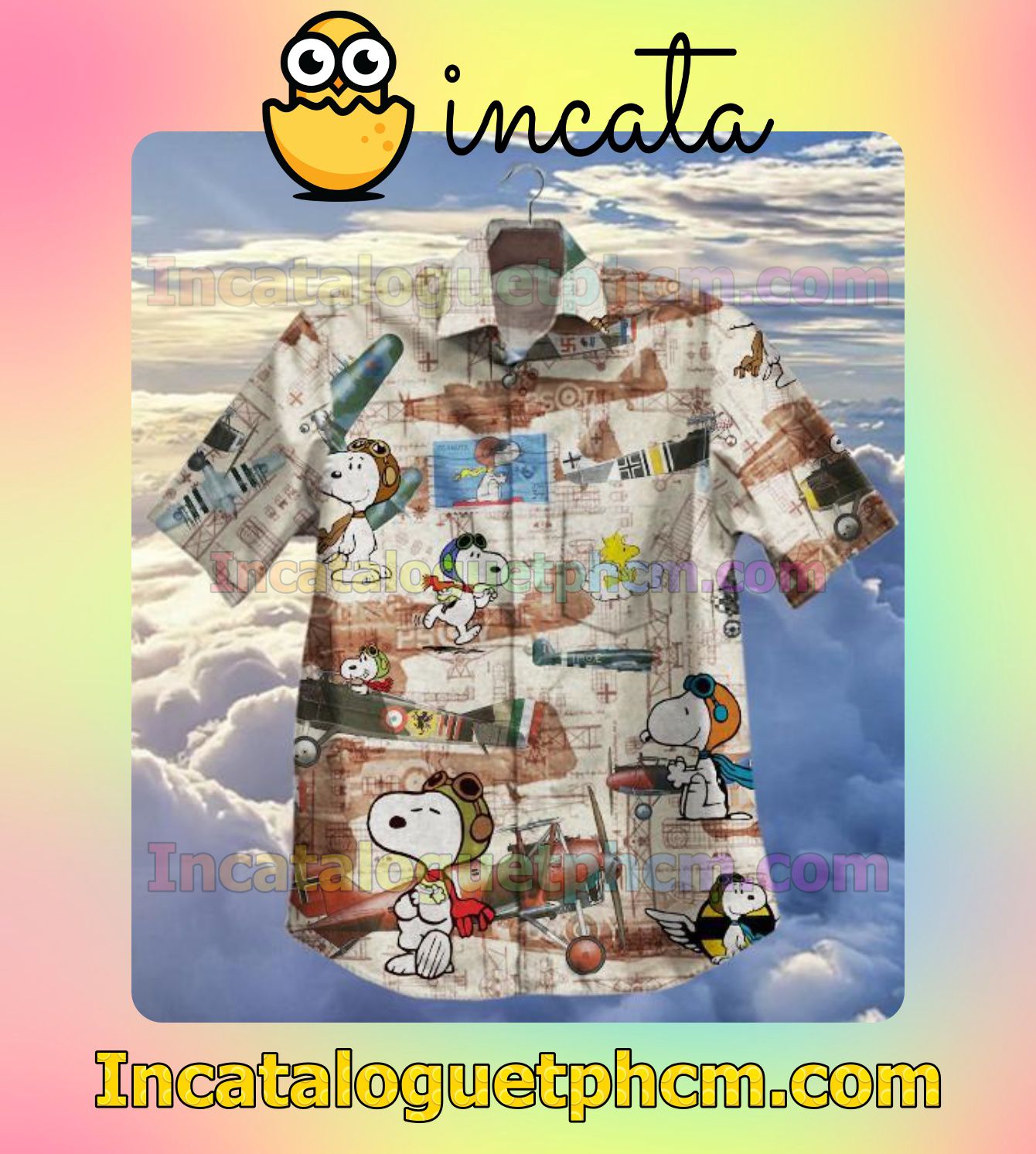 Plane And Snoopy Printed Vintage Men Vacation Shirts