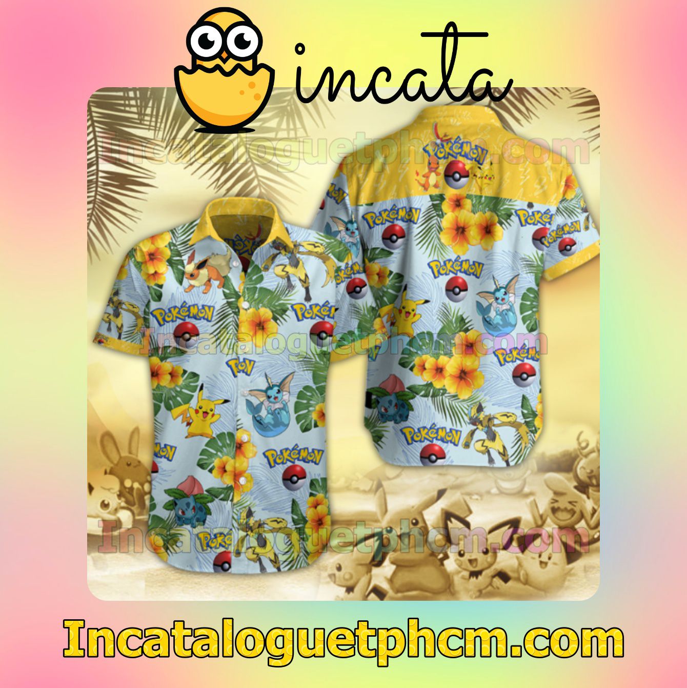 Pokemon Yellow Hibiscus Light Blue Mens Short Sleeve Shirt