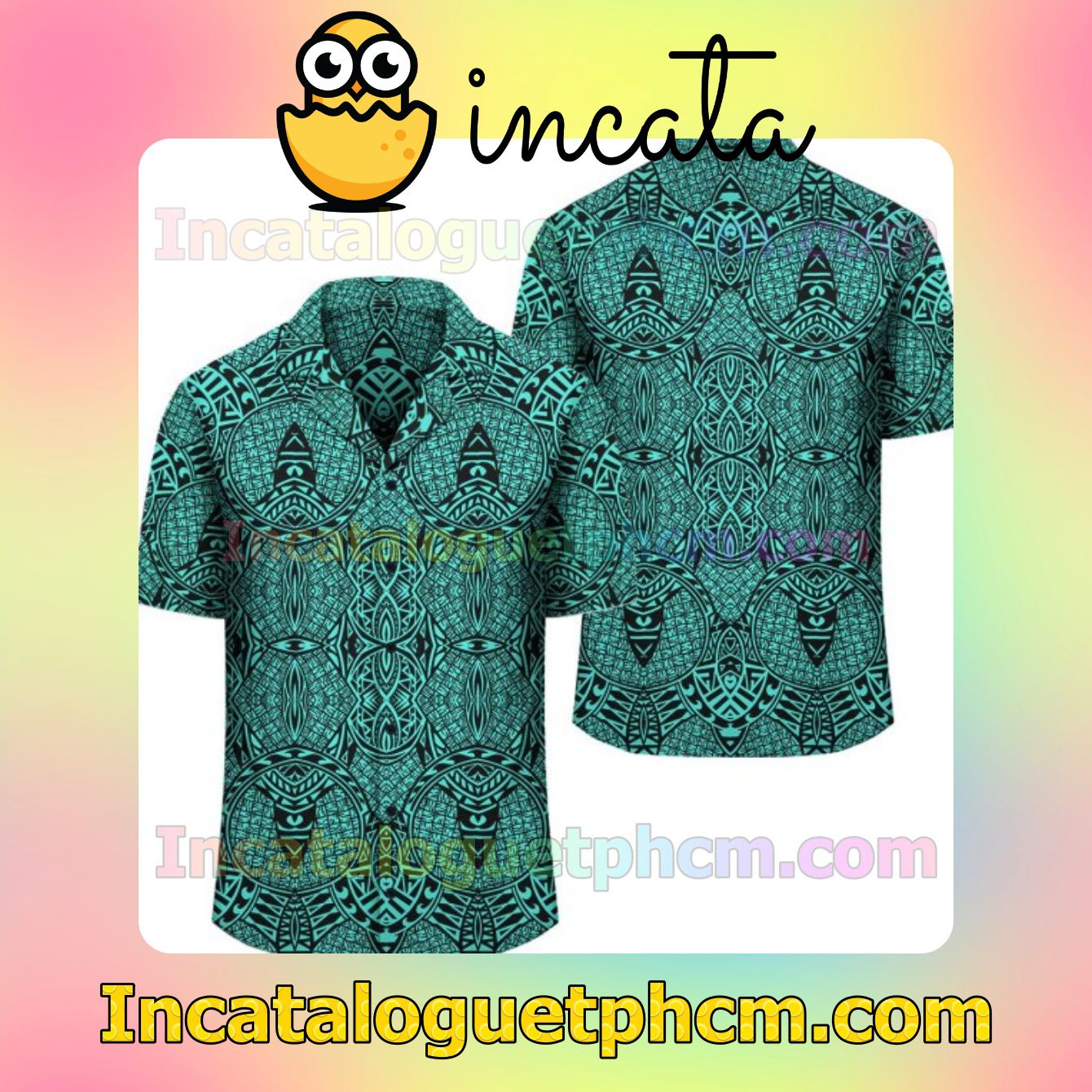 Polynesian Lauhala Mix Turquoise Mens Short Sleeve Shirt