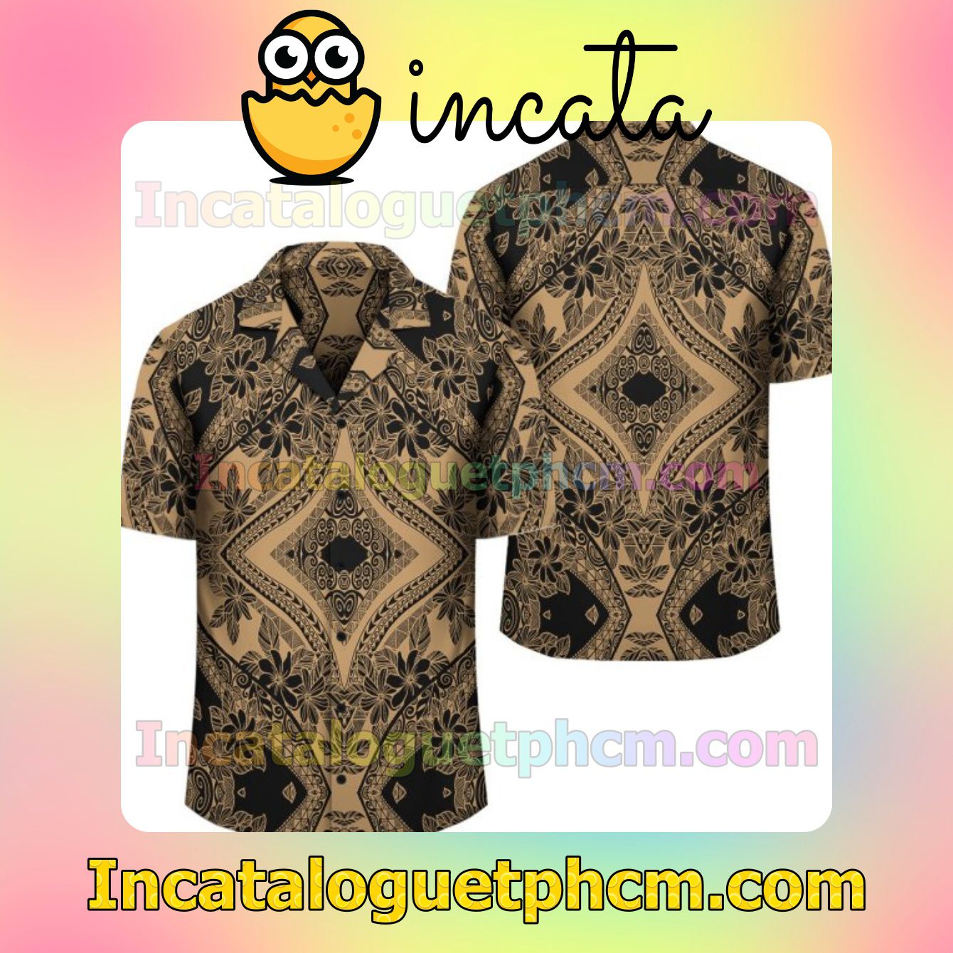 Polynesian Plumeria Mix Gold Black Mens Short Sleeve Shirt