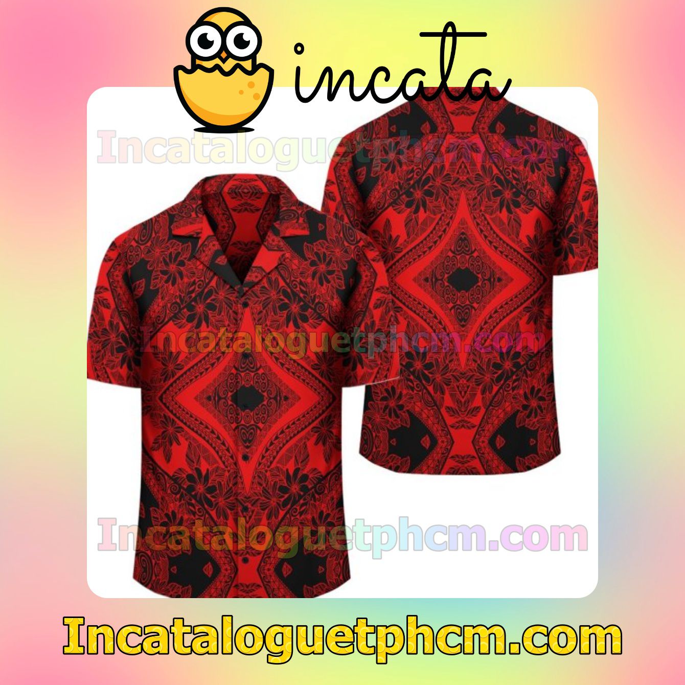 Polynesian Plumeria Mix Red Black Mens Short Sleeve Shirt