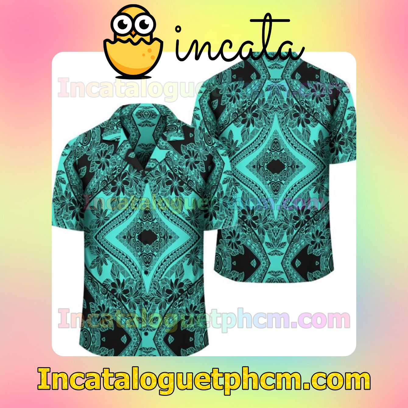 Polynesian Plumeria Mix Turquoise Black Mens Short Sleeve Shirt