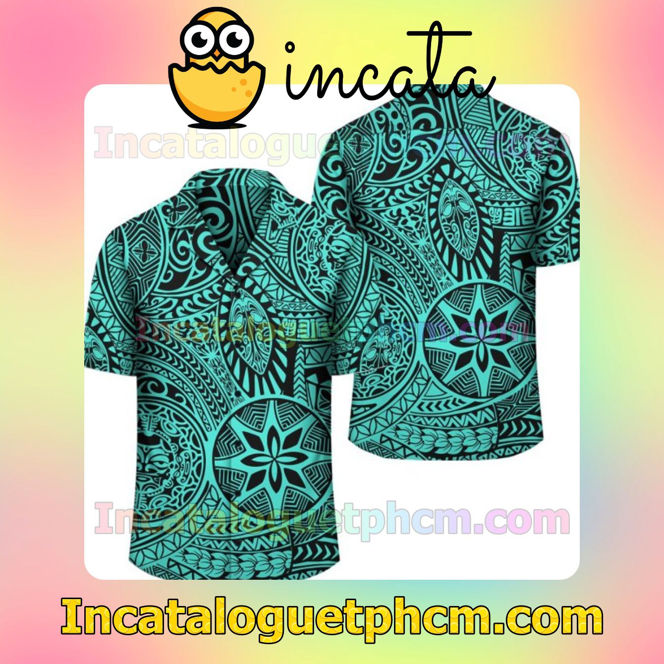 Polynesian Style Tribal Tattoo Turquoise Mens Short Sleeve Shirt