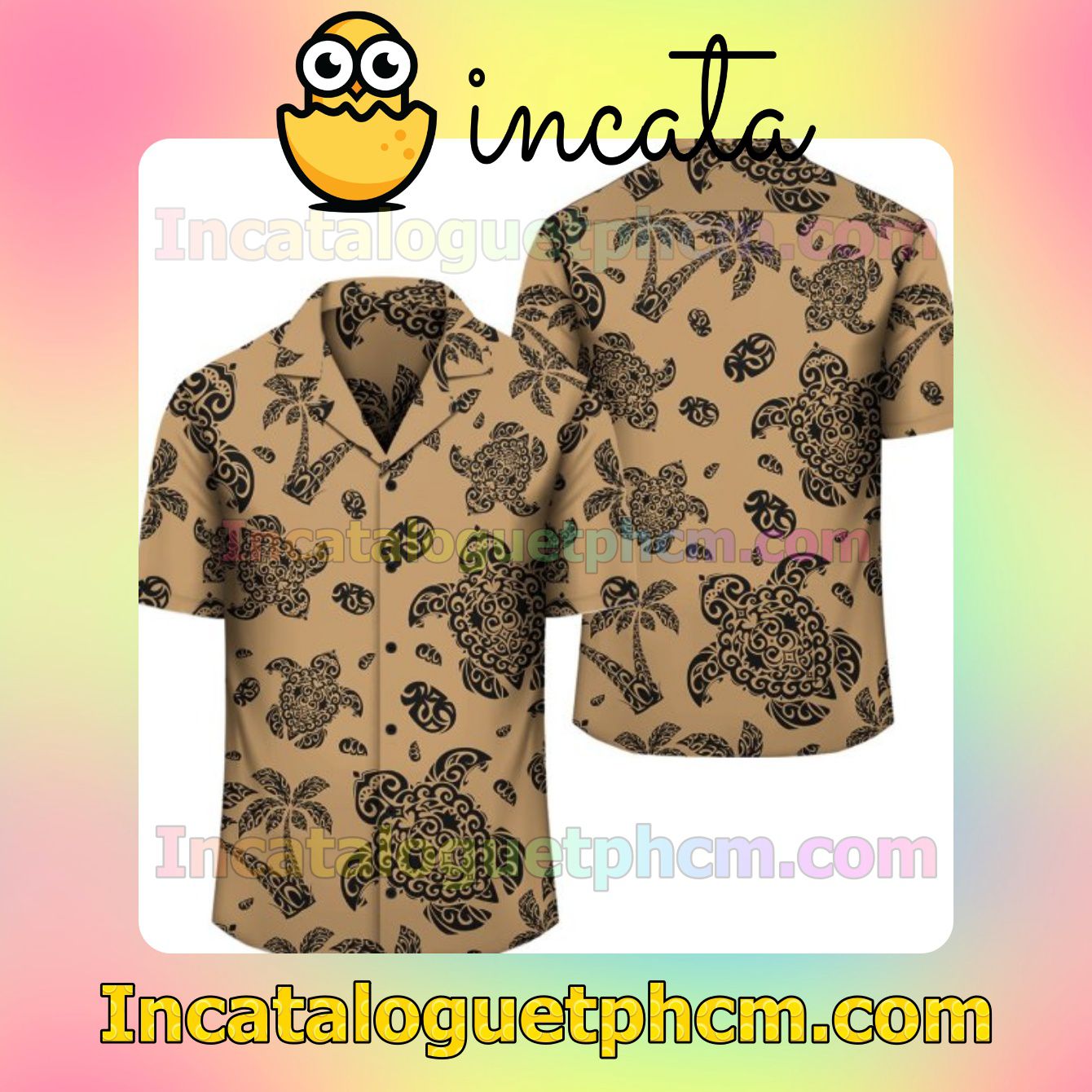 Polynesian Turtle Palm And Sea Pebbles Gold Brown Mens Short Sleeve Shirt