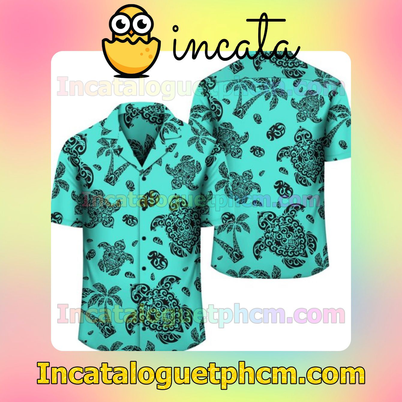 Polynesian Turtle Palm And Sea Pebbles Turquoise Mens Short Sleeve Shirt