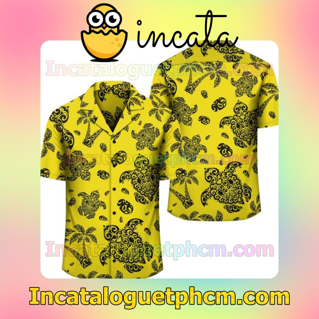 Polynesian Turtle Palm And Sea Pebbles Yellow Mens Short Sleeve Shirt