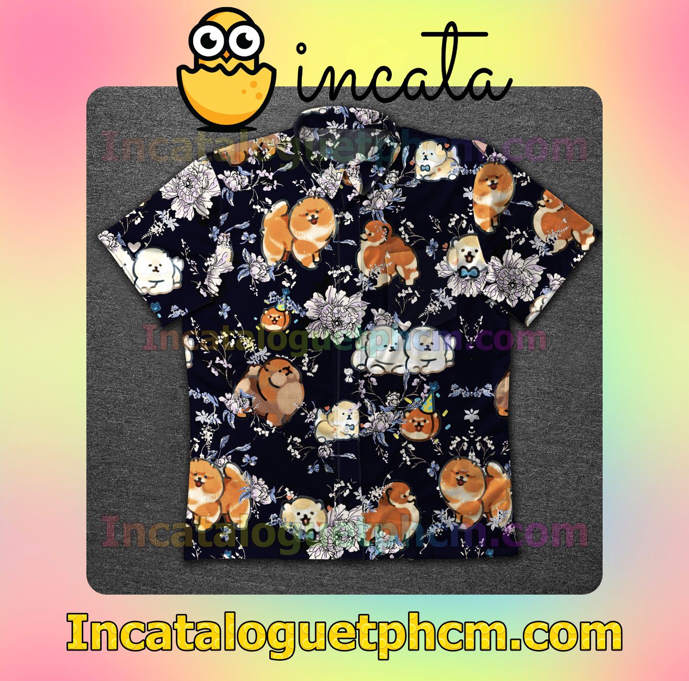 Pomeranian Dog Flower Black Mens Short Sleeve Shirt