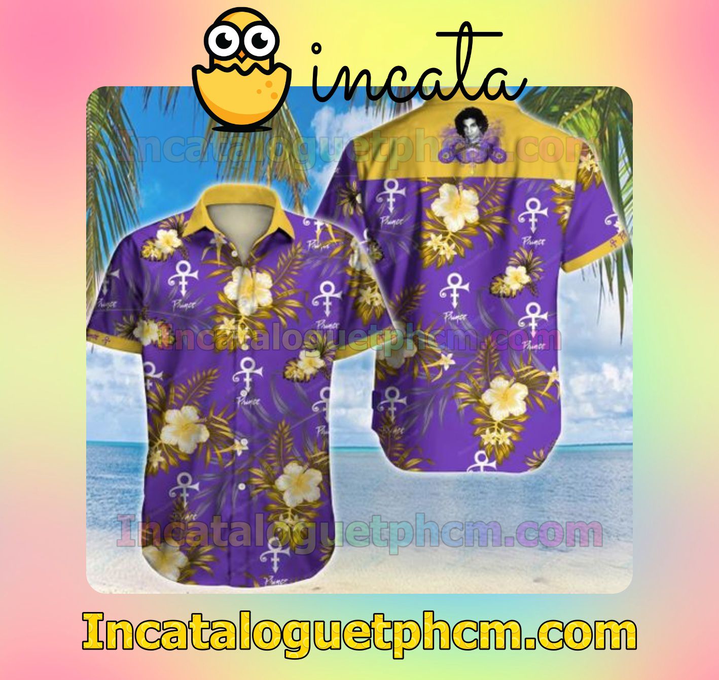 Prince Yellow Tropical Floral Purple Mens Short Sleeve Shirt