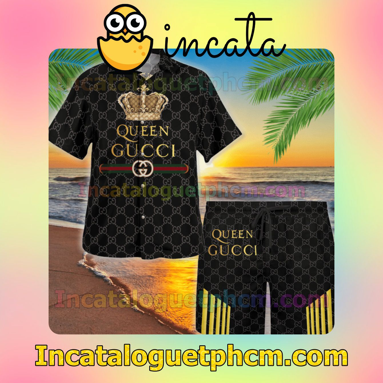 Queen Gucci Black Monogram Summer Men's Casual Short Sleeve Shirt Swim Trunks