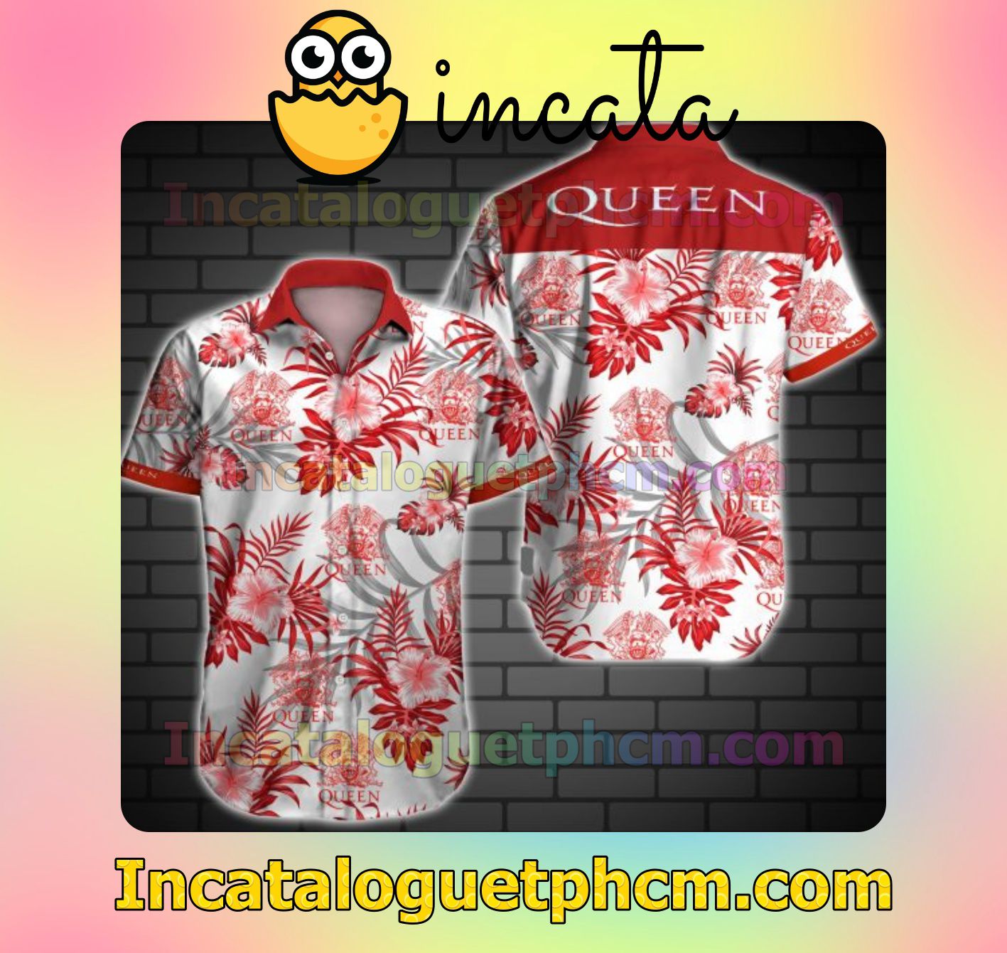 Queen Red Tropical Floral White Mens Short Sleeve Shirt