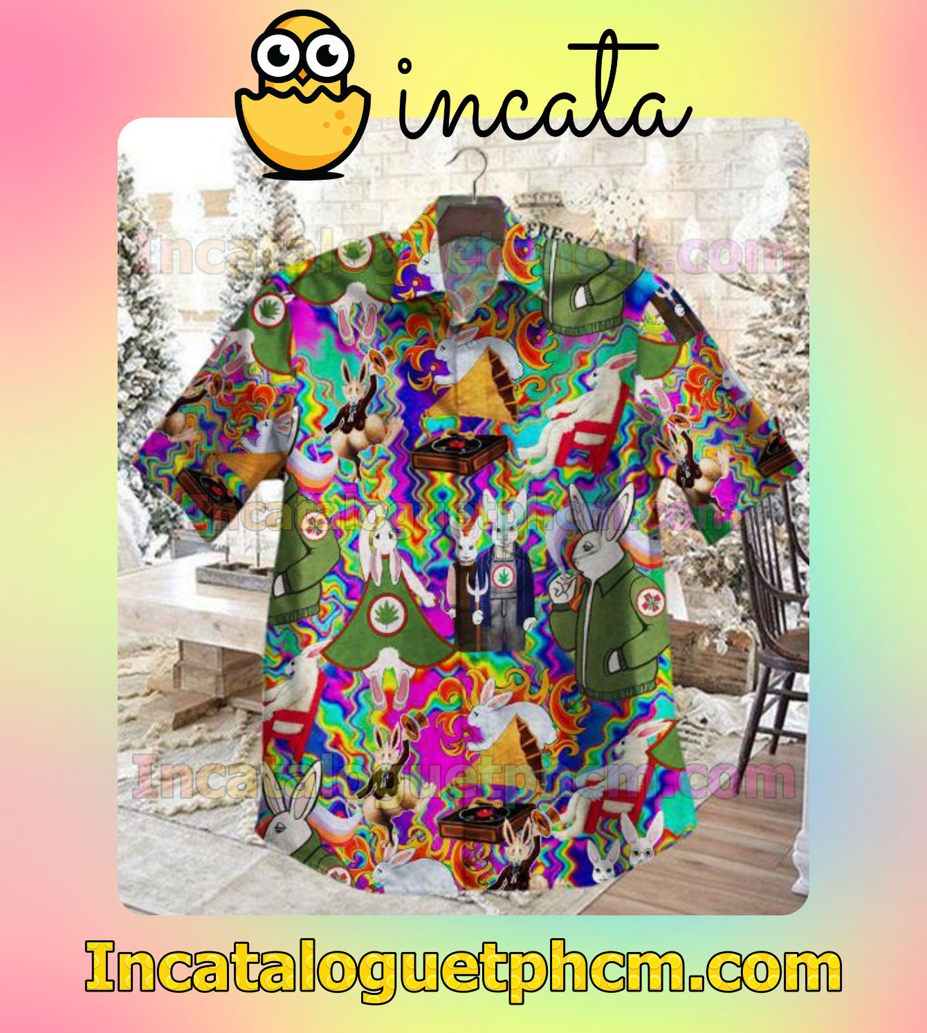 Rabbit Rock Psychedelic Rainbow Men Vacation Shirts