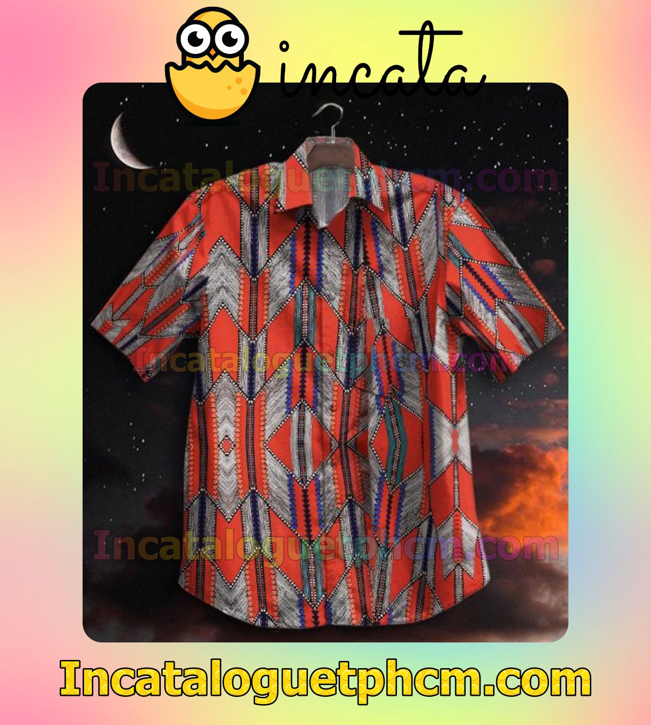 Red Geometry Printed Men Vacation Shirts