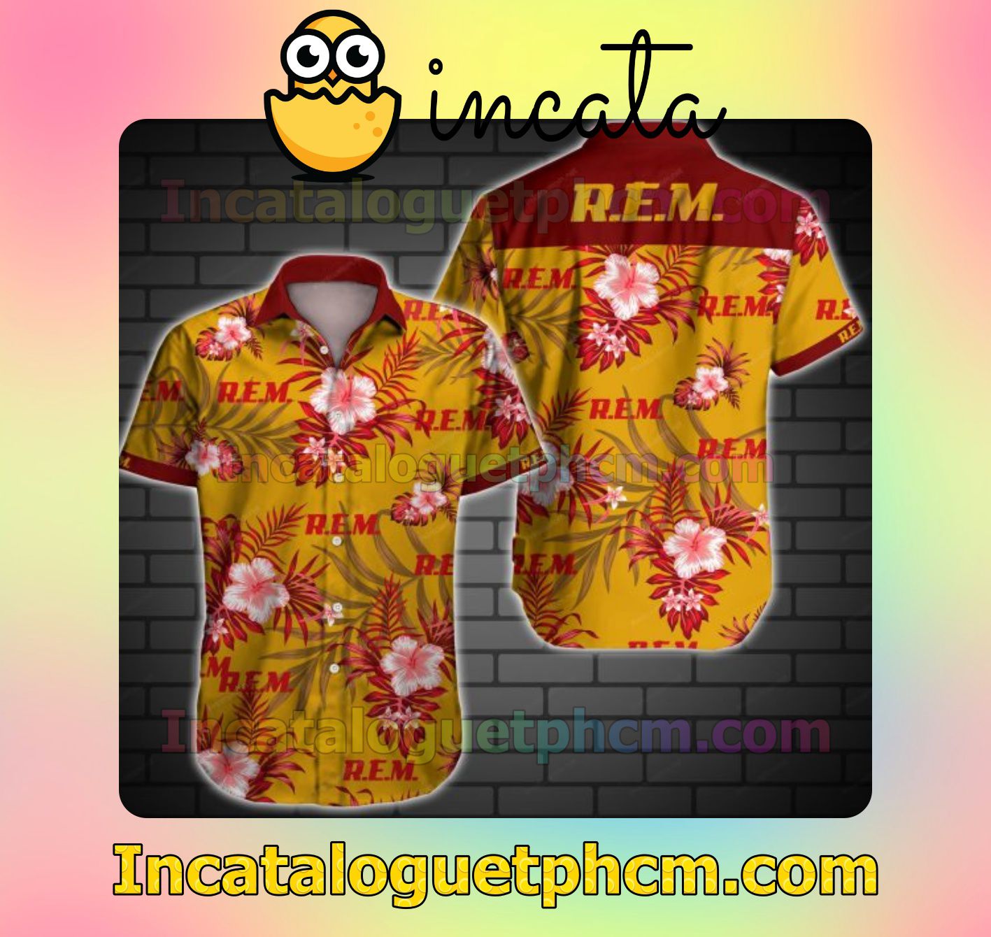 Rem Red Tropical Floral Yellow Mens Short Sleeve Shirt